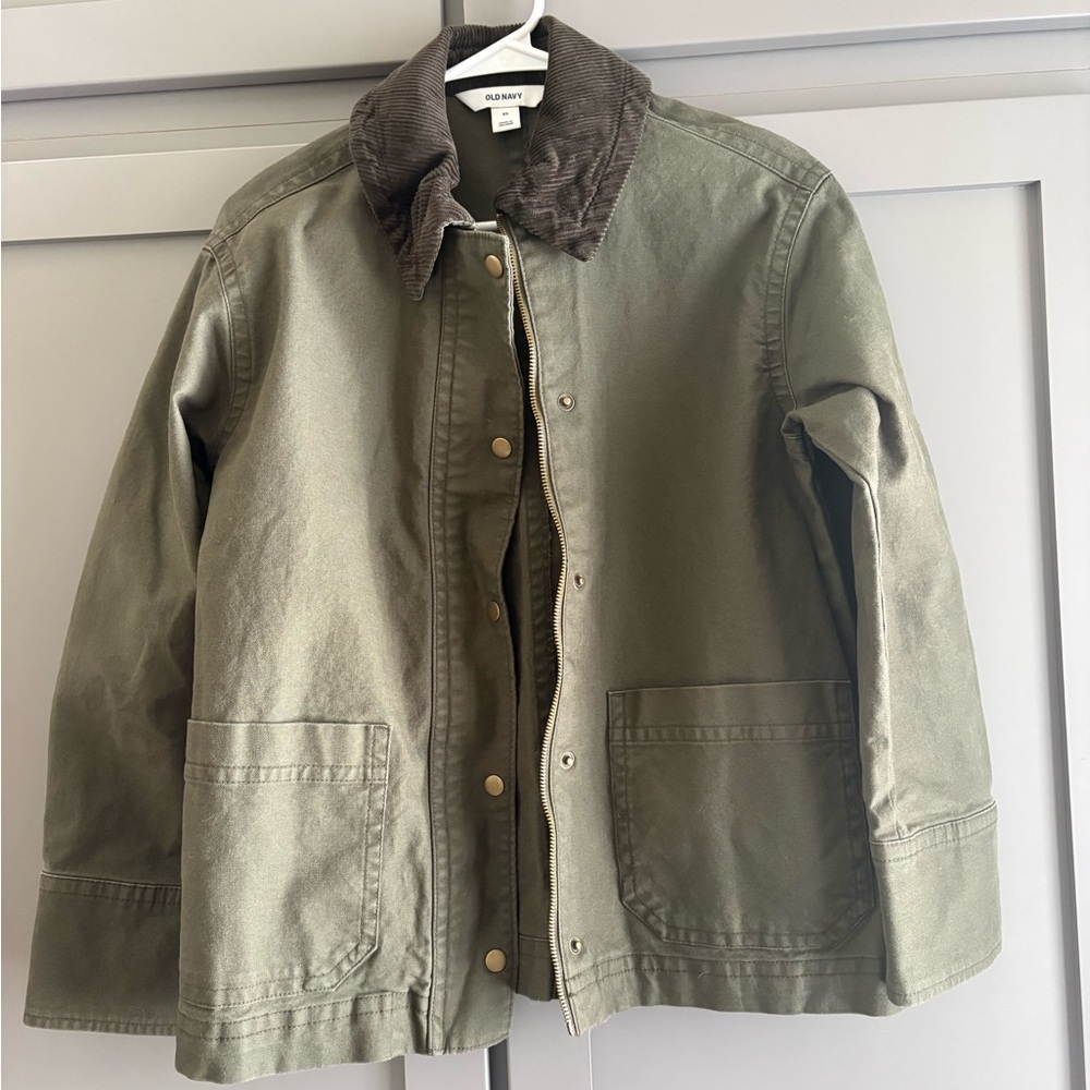 Old Navy Olive Barn Jacket with Brown Corduroy Collar